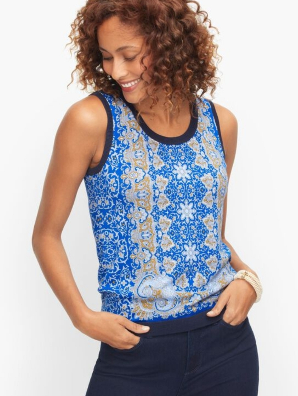 Talbots Charming Shell Breton Blue Multi Paisley Lightweight Sweater